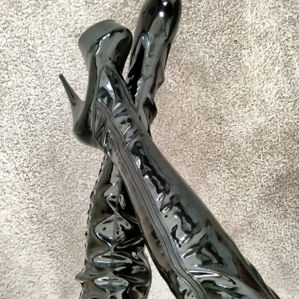 Black thigh high platform patent boots